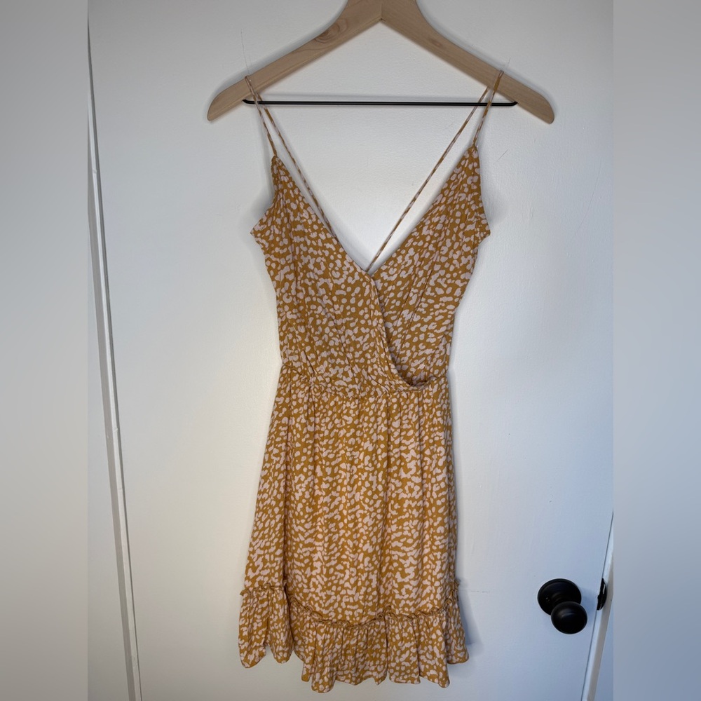 Endless Blu Mustard Animal Print Wrap Mini Dress Spaghetti Straps Size S